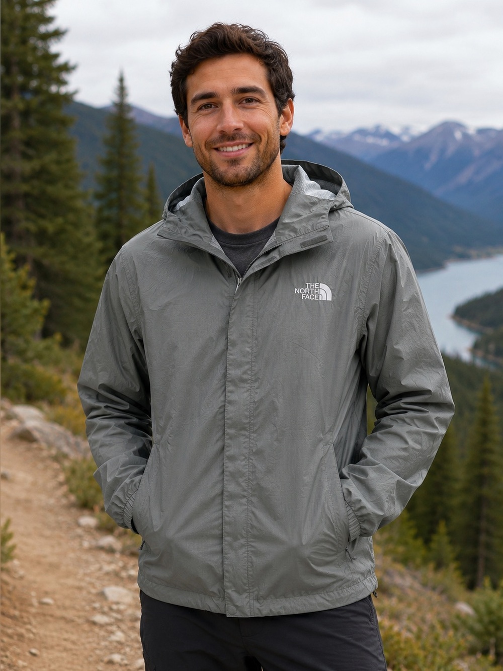The North Face Men’s Hooded Windbreaker Jacket Gray Green Rain Shell Size Small